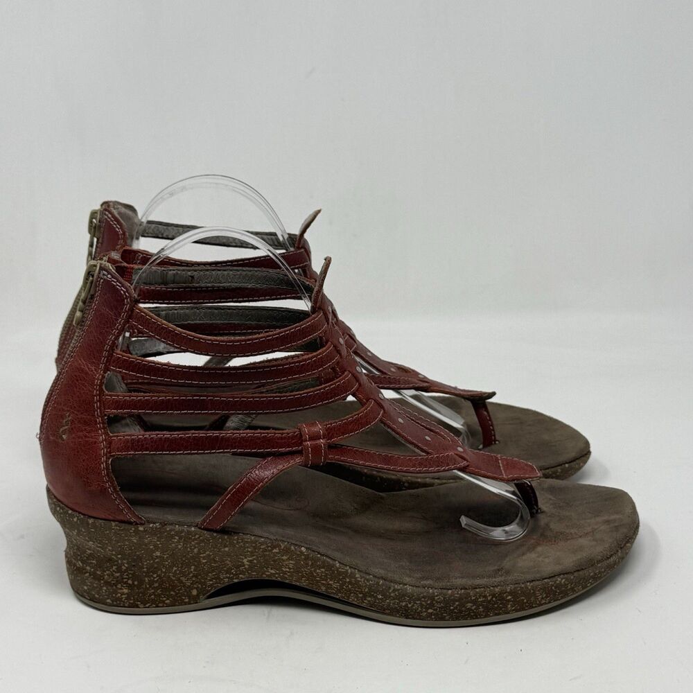 Ahnu Merida Sandals Womens 10 Red Leather Gladiator Wedge Strappy Back Zipper